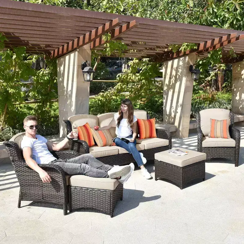 HOMLUX Outdoor Patio Furniture Conversation Set 5 Pieces All Weather Wicker High Back Couch with Ottomans