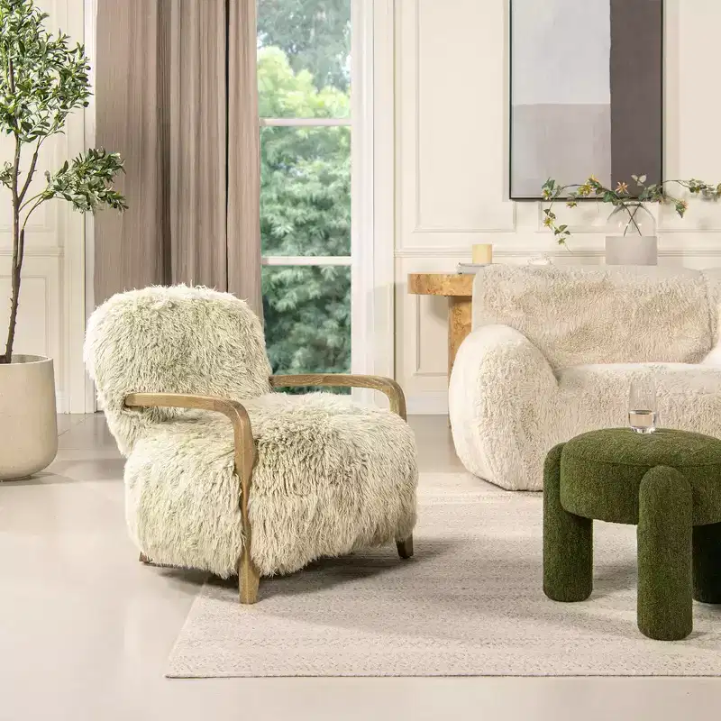 Enchante 28.5 Mongolian Sheepskin Accent Arm Chair, Taupe Beige Genuine Fur