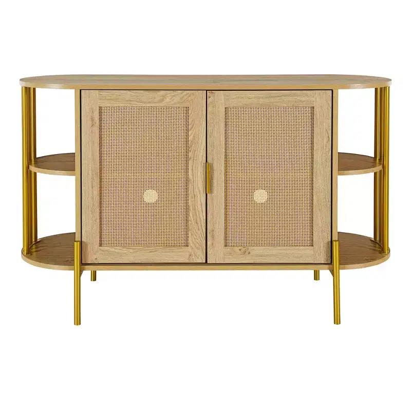 Hostack 2-Door Curved Sideboard Cabinet with Gold Trim and Woven Rattan Doors for Dining Room, Natural