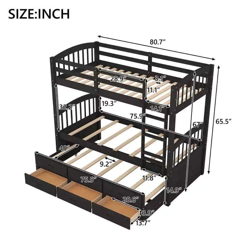 Twin over Twin Bunk Bed with Trundle and Storage Drawers, Solid Wood Bunk Beds for Bedroom Furniture