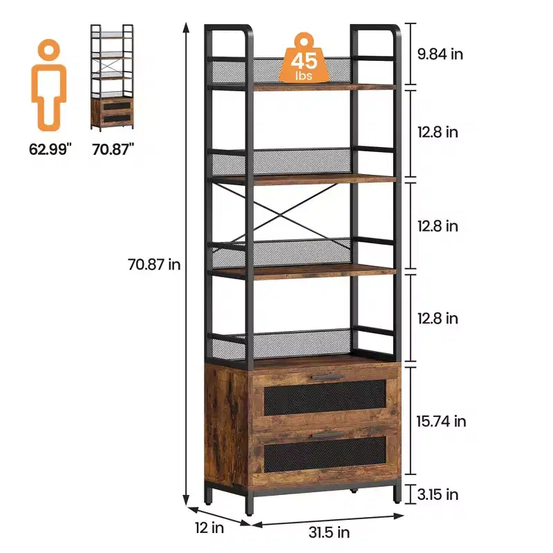 4-Tier Industrial Bookcase ,Bookshelf with Drawers Storage,70.87 Tall Display Racks Farmhouse Bookshelf Rustic Bookshelves