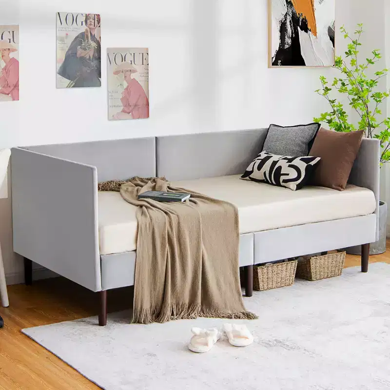 Twin Daybed Upholstered Linen Wooden Sofa Bed Frame Heavy Duty Living Room Grey