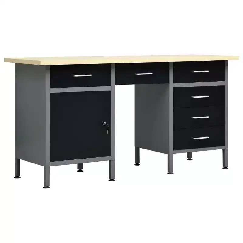 Black Steel Workbench with Cabinet & 6 Drawers, 63