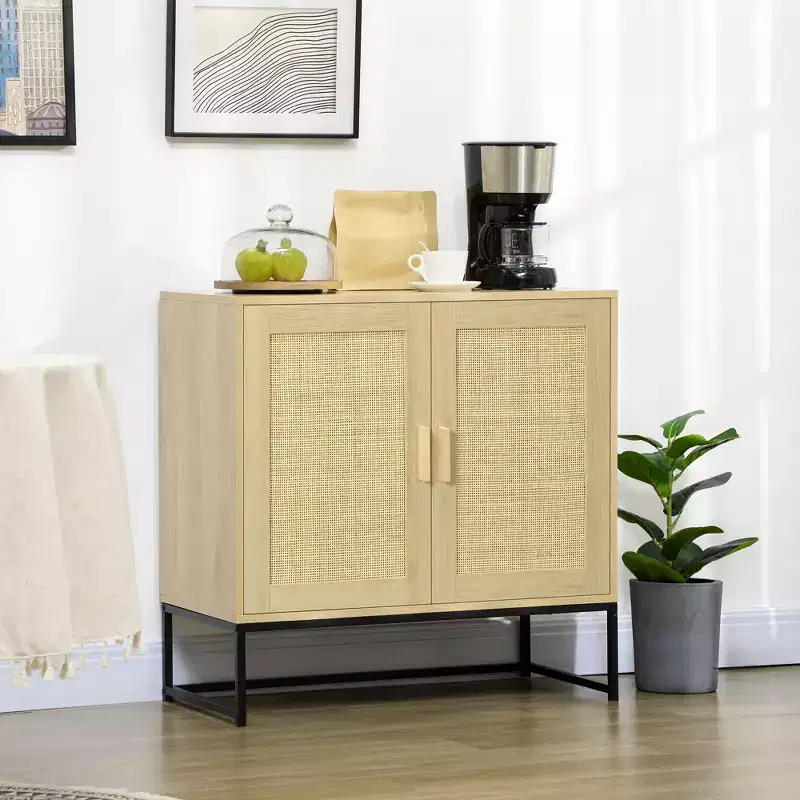 Sideboard Cabinet with Rattan Doors, Adjustable Shelf, Metal Base, Storage Cabinet for Living Room, Bedroom