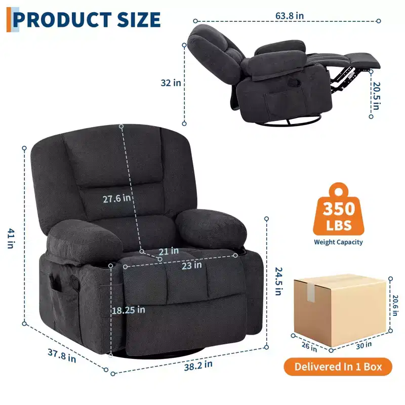 Rocker Recliner Chair with Massage & Heating, 360 Swivel, Extra Wide, Chenille or PU, for Living Room & Bedroom