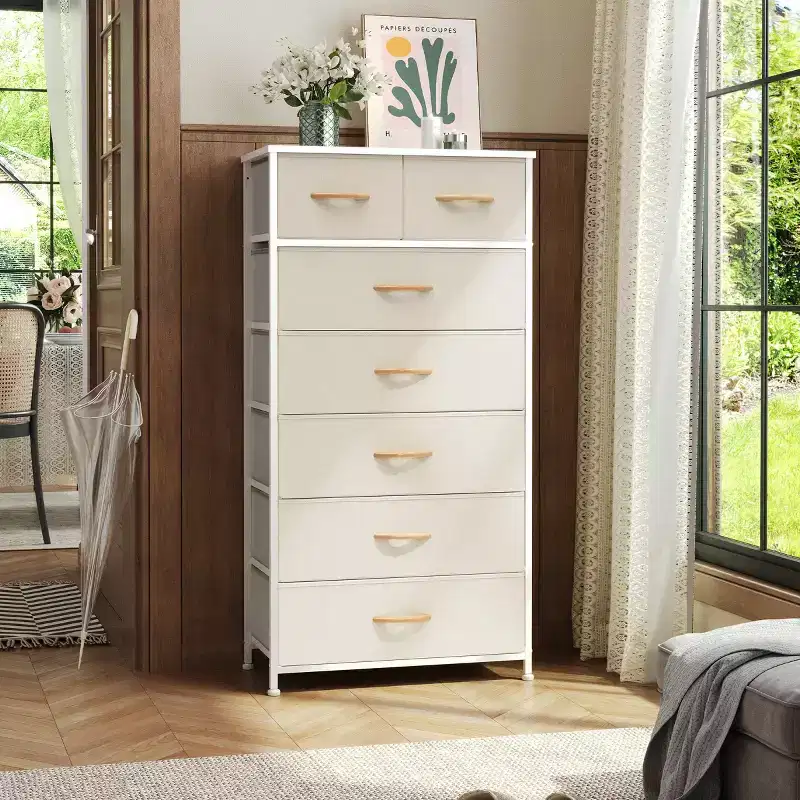 Crestlive Products 7 Drawers Vertical Dresser for Bedroom Storage Tower with Sturdy Steel Frame Wood Top Easy Pull Fabric Bins Handles