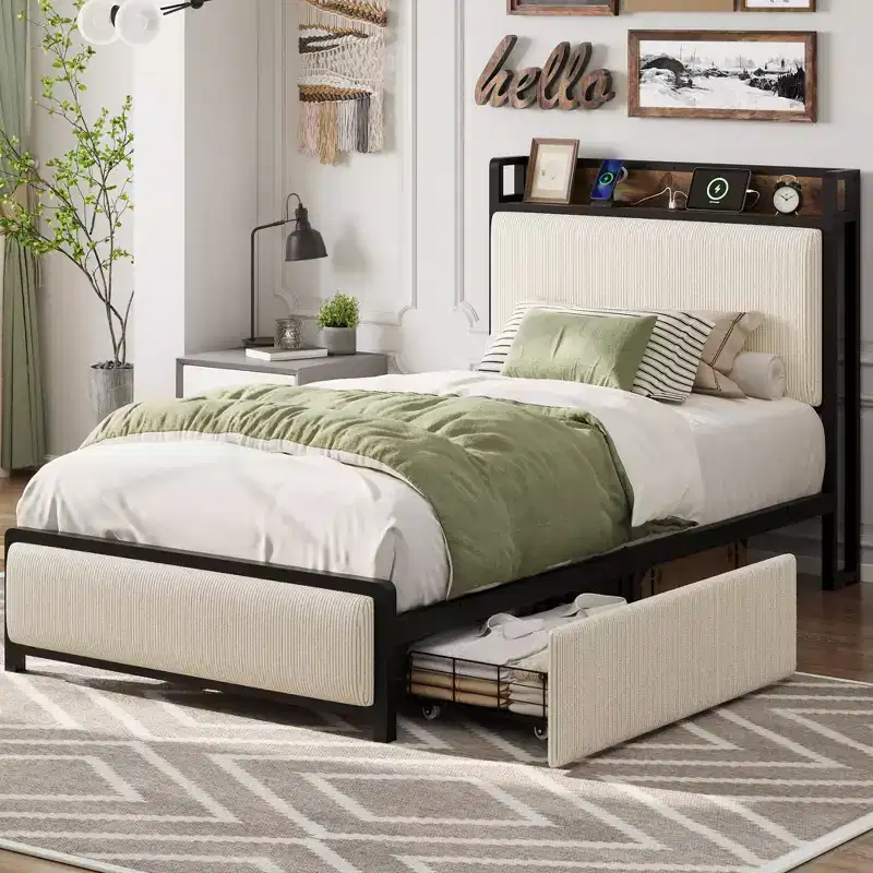Upholstered Bed Frame with Storage, 2 Drawers Charging Station Steel Slats No Box Spring