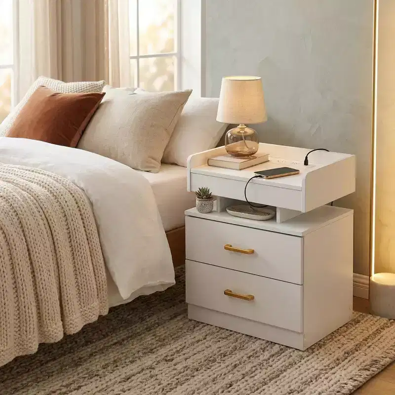 Nightstand with LED Lights & USB Charging, Floating Design Bedside Table with 2 Drawers