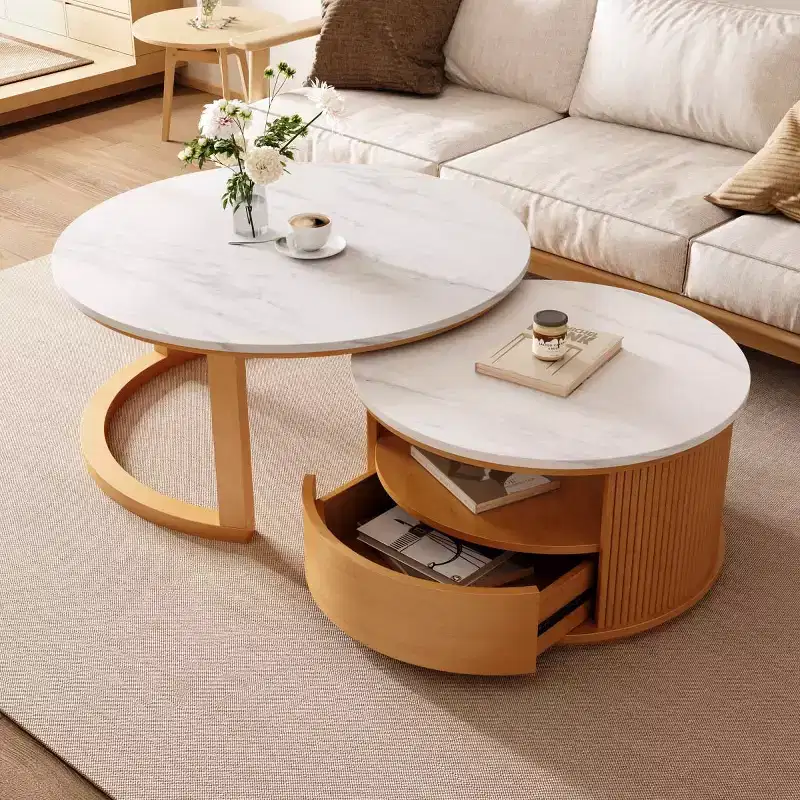 29.5 Modern Nesting Coffee Table with Storage and Marble-Pattern Top, 2-Tier Center Table for Living Rooms or Apartments - Panipeachy