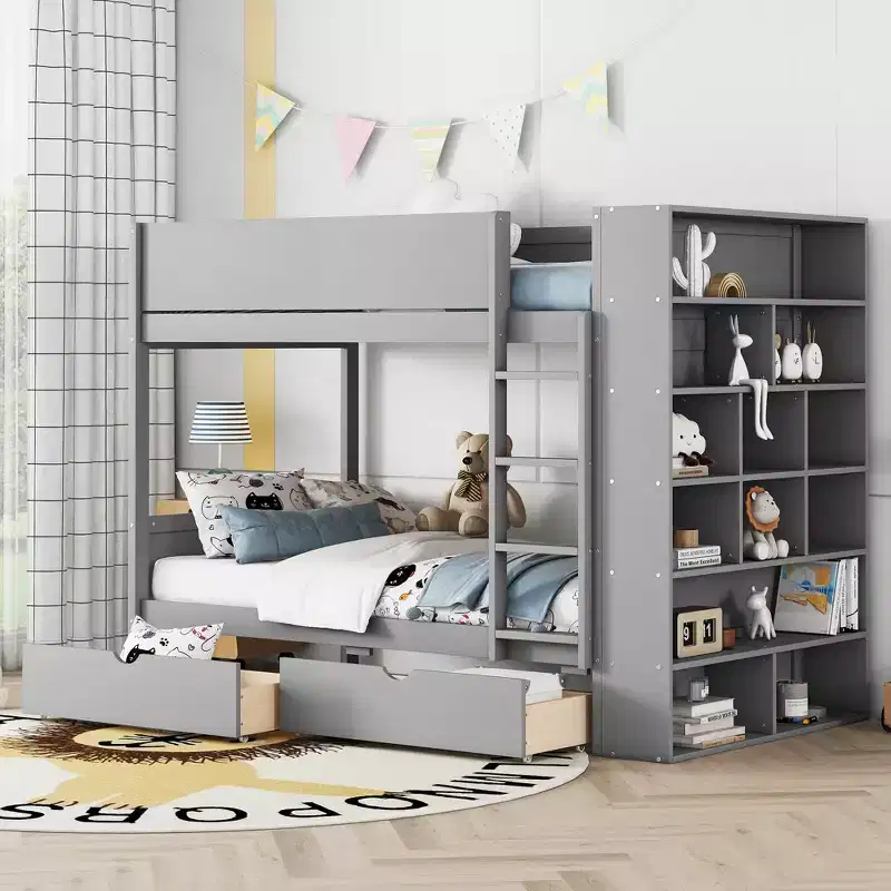Bunk Bed, Wood Bunk Bed Frame with 2 Drawers and Multi-Layer Cabinet for Kids Teens Adults