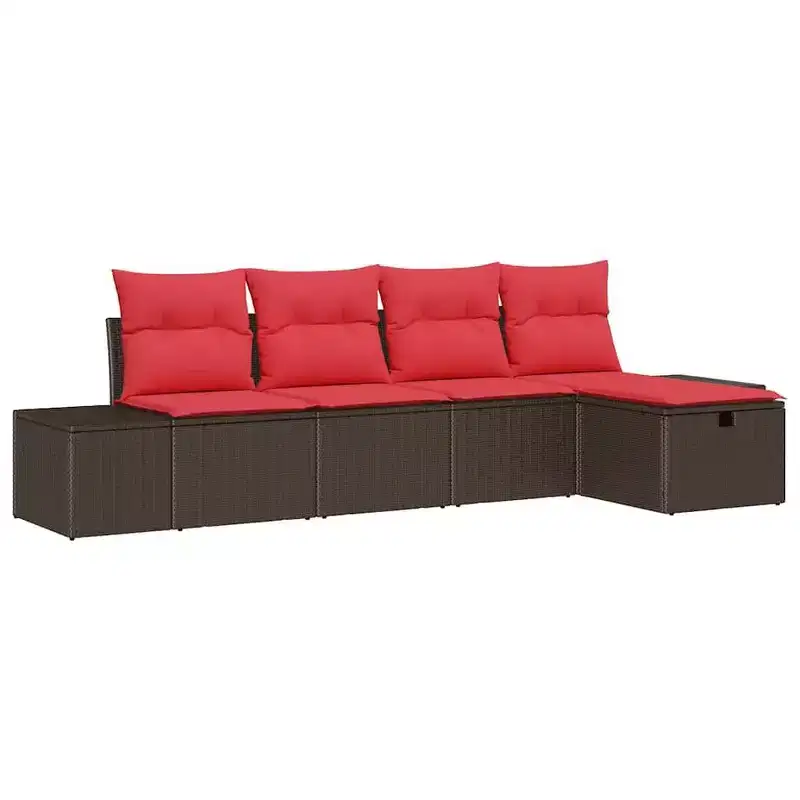 vidaXL Garden Sofa Set with Cushion 5 pcs Brown Poly rattan - Brown without table Red
