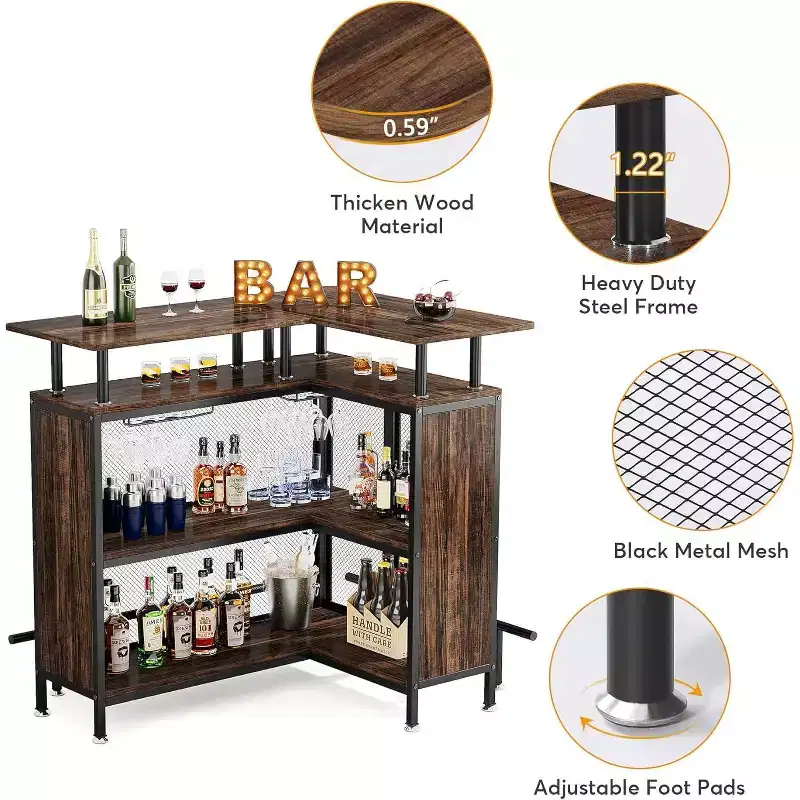 Lantine L-Shaped Home Bar Unit: Rustic Brown, with stemware racks, 2-tier shelves, footrest.