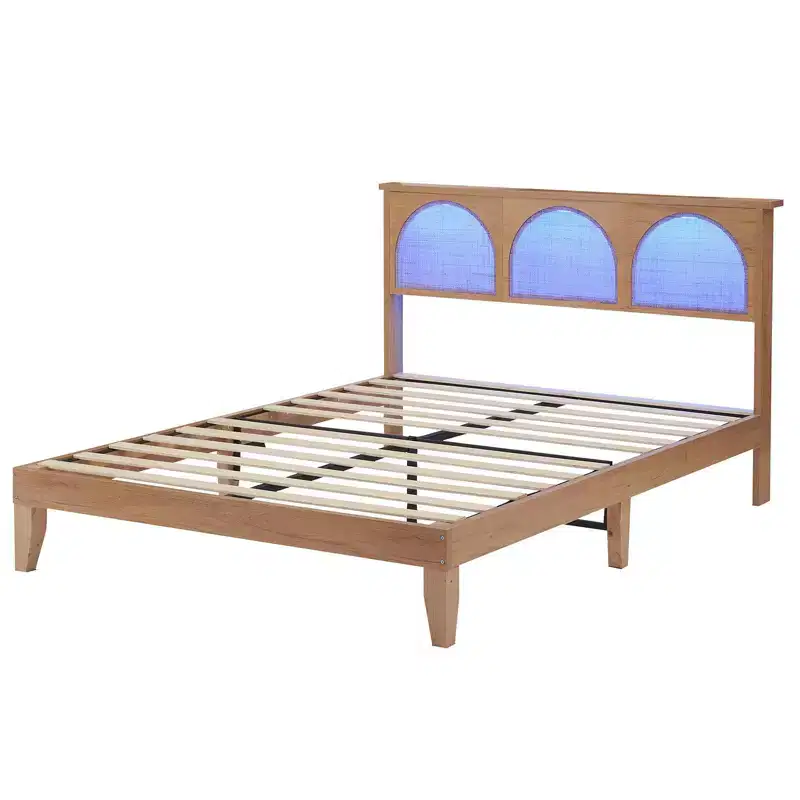 Rattan Bed Frame with Natural Rattan Headboard, Queen Bed Frame with LED Lights, Platform Bed Frame with Headboard, No Box Spring Needed