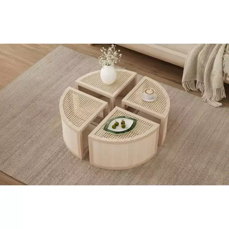 Okak 4-Pc Modular Rattan Coffee Table, Convertible Round/Square with Storage, Solid Wood & Weaving Center Table for Living Room