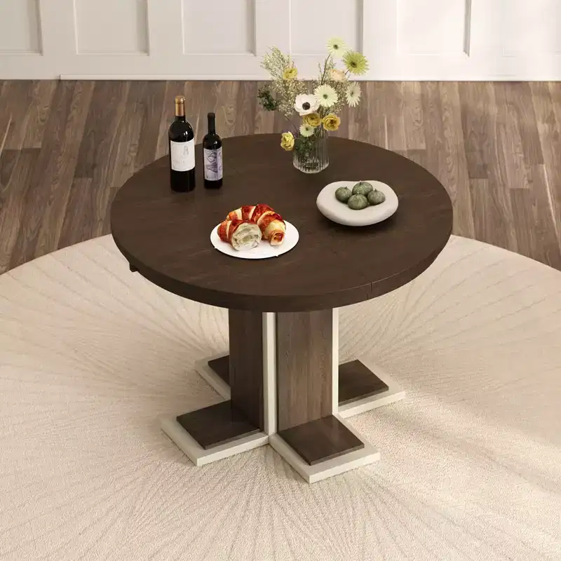 Clihome Extendable Dining Table with a 16-inch Middle Leaf, 42''-58'' Oval Dining Table for 6, Retro Solid Wood Round Dining Table with Double Layer