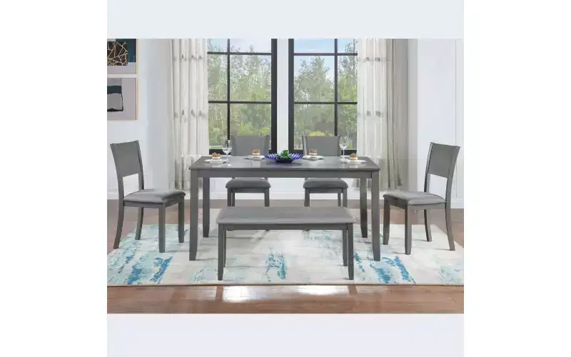 Zevemomo 6-Piece Wooden Dining Table Set, Includes Dining Table, 4 Upholstered Chairs & 1 Bench, Dining Table with Wood Legs,Grey