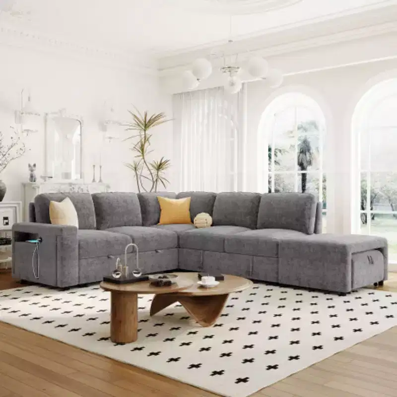 L-shaped Padded Modular Sofa with Storage Space, USB Ports, and Cup Holders on the Armrests, Suitable for Living Rooms, Offices, and Apartments.