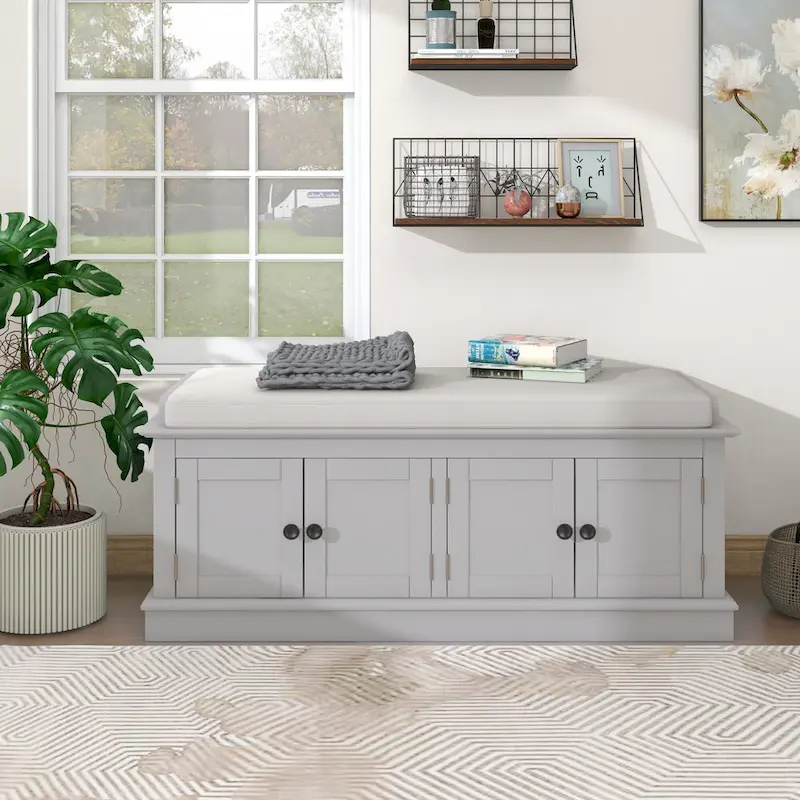 Hallway Storage Bench with 4 Doors & Adjustable Shelves, 42.7 Entryway Shoe Rack with Removable Cushion for Living Room
