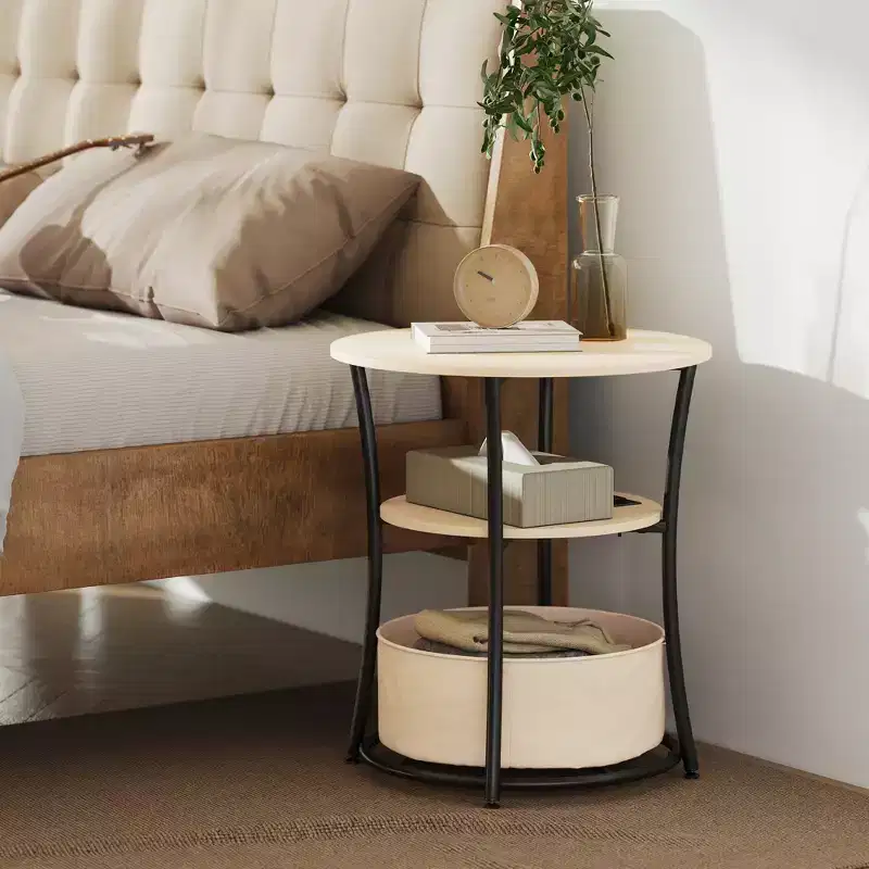 3-Tier Round Side Table with Charging Station and Fabric Storage Bag