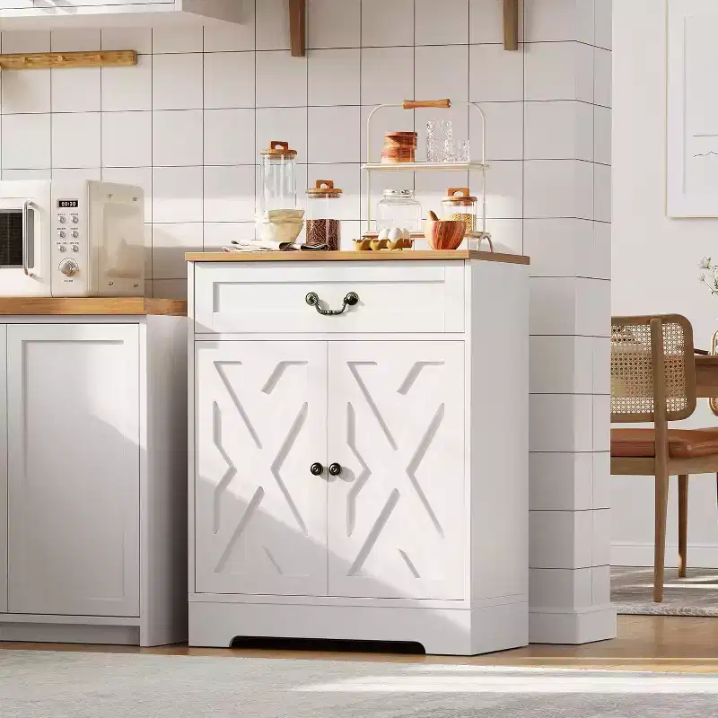 Farmhouse Cabinet - Kitchen Storage Buffet Sideboard with 2 Doors, Drawer & Adjustable Shelf, White Cabinet for Kitchen, Living Room