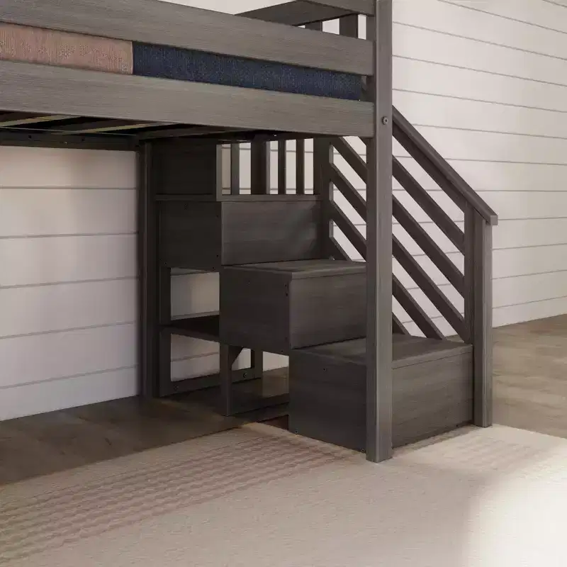 Kids Twin Low Loft Bed with Slide & Stairs, Solid Wood, 14