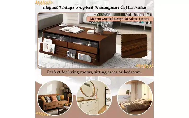 47.2-inch Modern Wooden Rectangular Coffee Table with 4 Drawers and 2 Display Shelves, Tempered Glass Top, Brown
