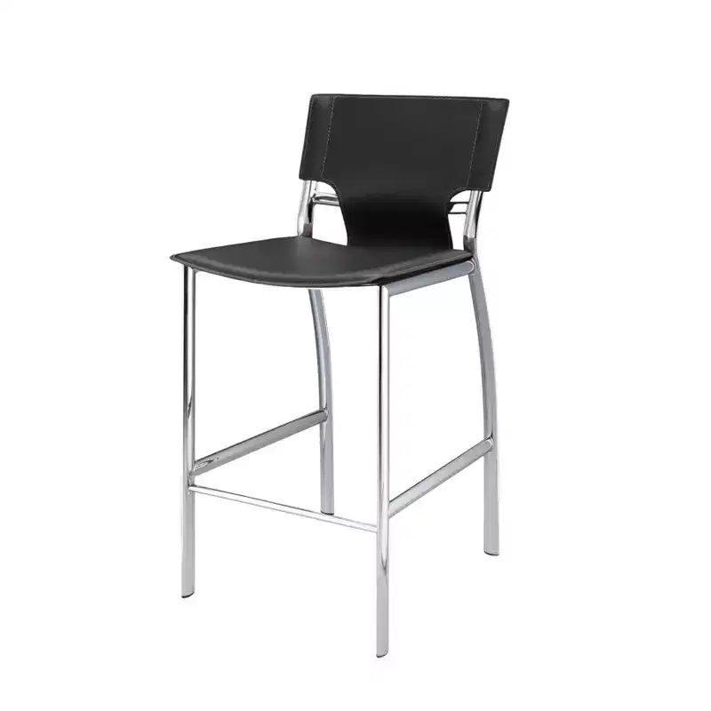 HomeRoots Set of Two 25 Gray and Silver Faux Leather and Metal Low Back Counter Height Bar Chairs