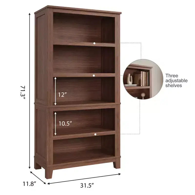 71 Farmhouse Bookcase w/Adjustable Shelves & 31.5 Width, 5 Tier Tall Bookshelf with Wooden Legs, Rustic Vintage Book Shelf for Living Room Office