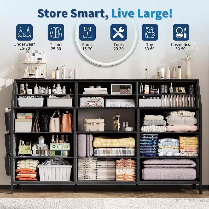 55 14-Drawer Dresser with Side Pocket & Shelves, Fabric Storage Chest with Sturdy Wood Top for Bedroom Organization