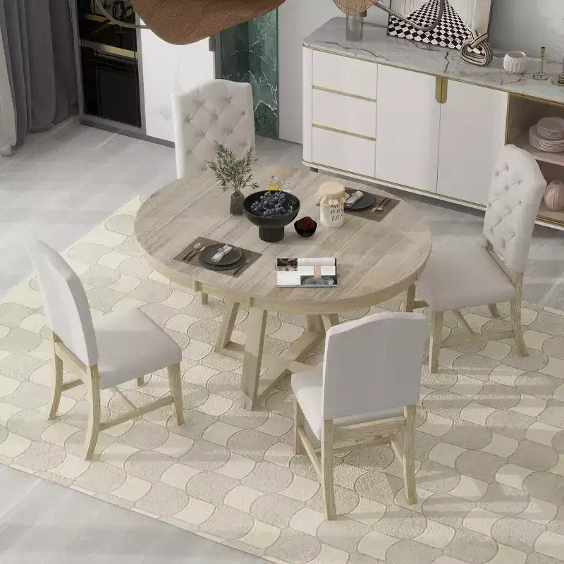 5-Piece Vintage Functional Dining Set, Round Table with 16 Wide Leaf and 4 Upholstered Chairs - ModernLuxe