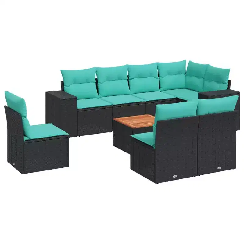 vidaXL 9 Piece Patio Sofa Set with Cushions Black Poly Rattan - Black and Blue