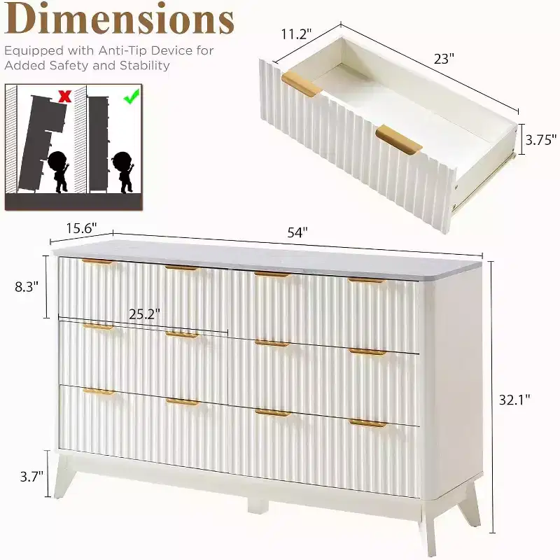 Fluted 6-Drawer Dresser with Faux Marble Top, 54 Wide Chest of Drawers for Bedroom, Living Room, Hallway, Entryway,White