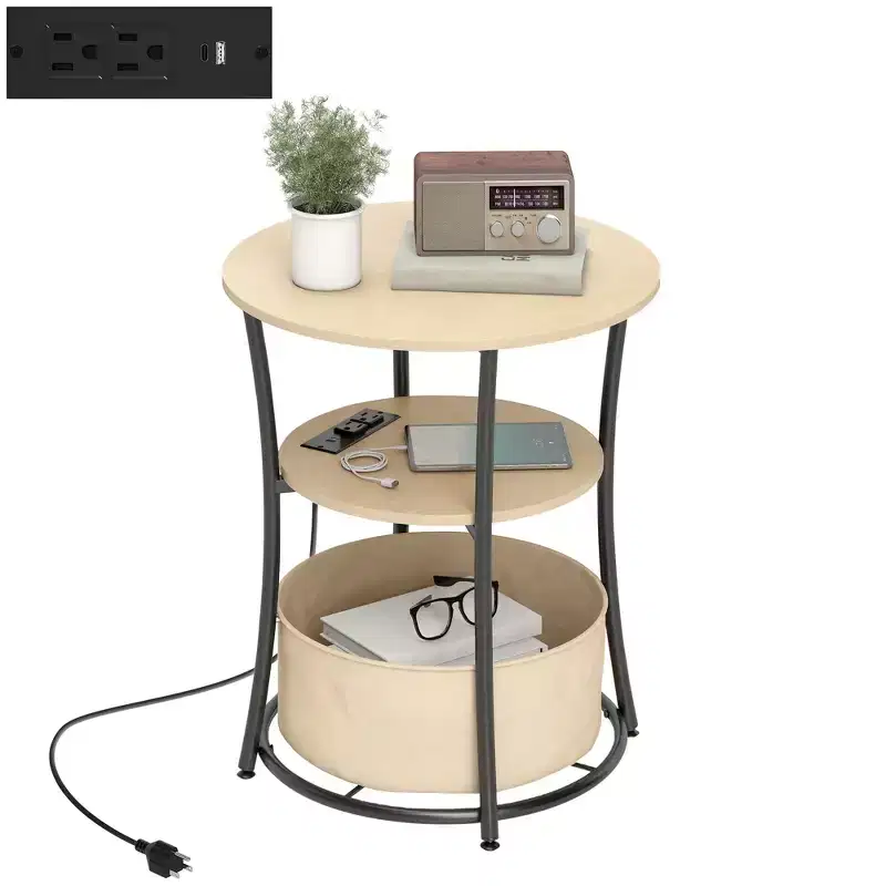 3-Tier Round Side Table with Charging Station and Fabric Storage Bag
