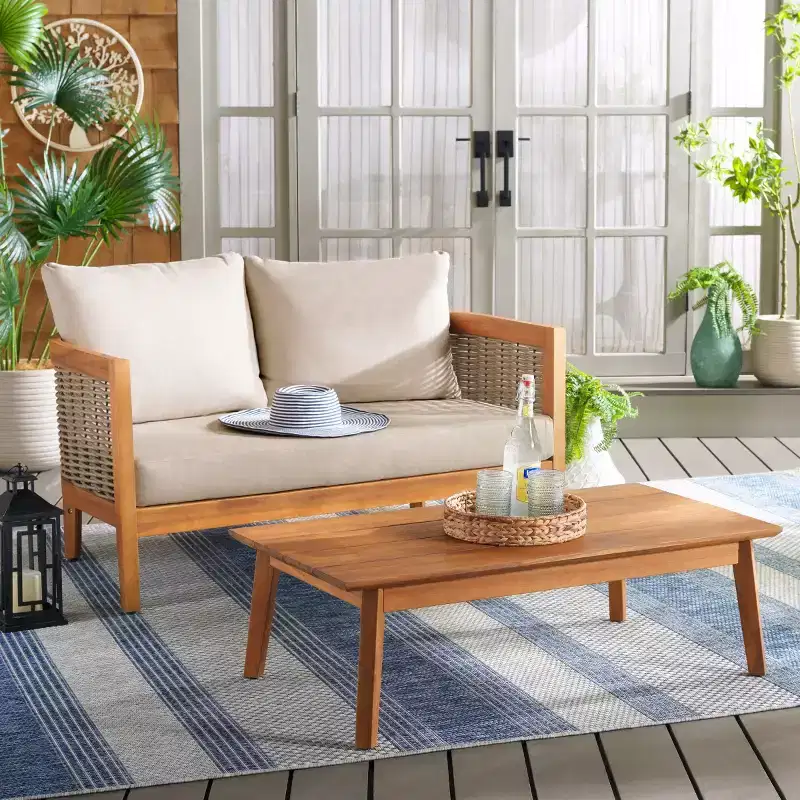 Amanda Bench & Table Patio Set - Indoor/Outdoor - PAT7090 - Natural/Taupe - Safavieh