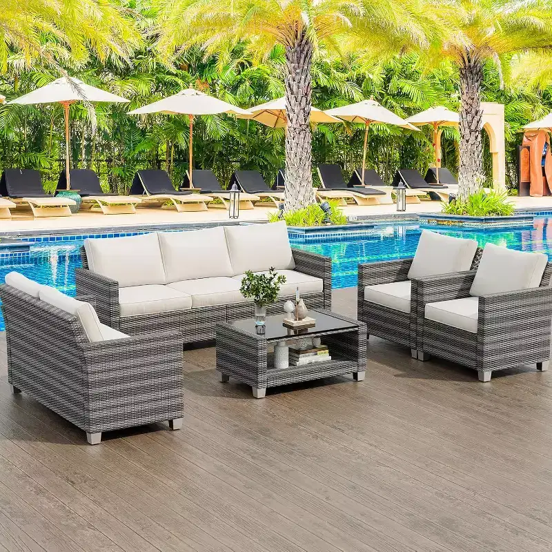 Outdoor Wicker Patio Furniture Sectional Set, Glass Top Table with Hidden Storage, Includes 7 Seating Components, Natural Rattan with Cushions