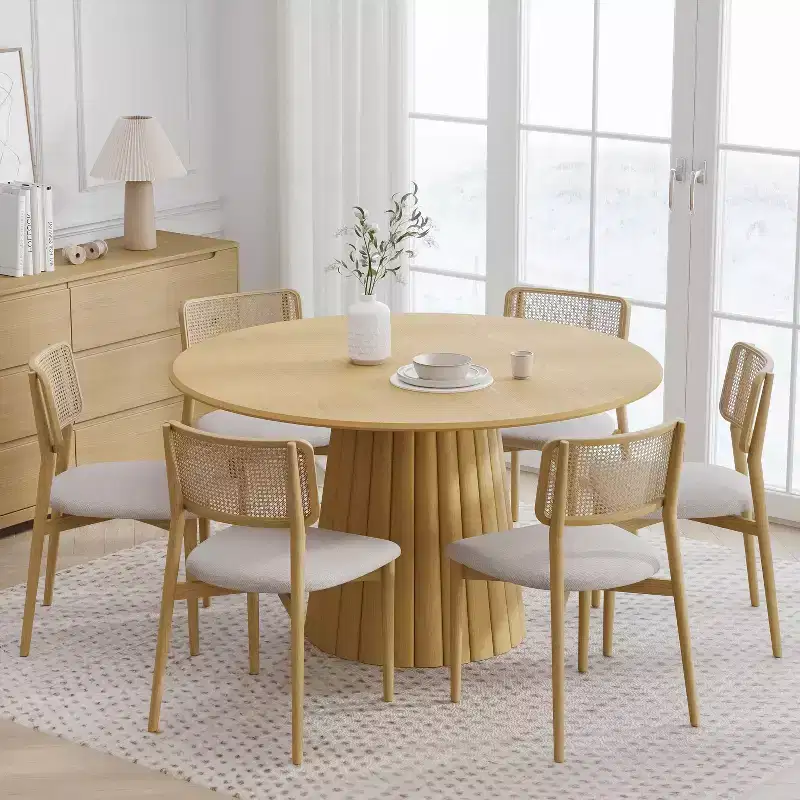 PexFix 52 Wood Round Dining Table Kitchen Table for 4-6 with Arc-Shaped Edge Top & Textured Tapered Base for Living/Dining Room Coffee Office Natural