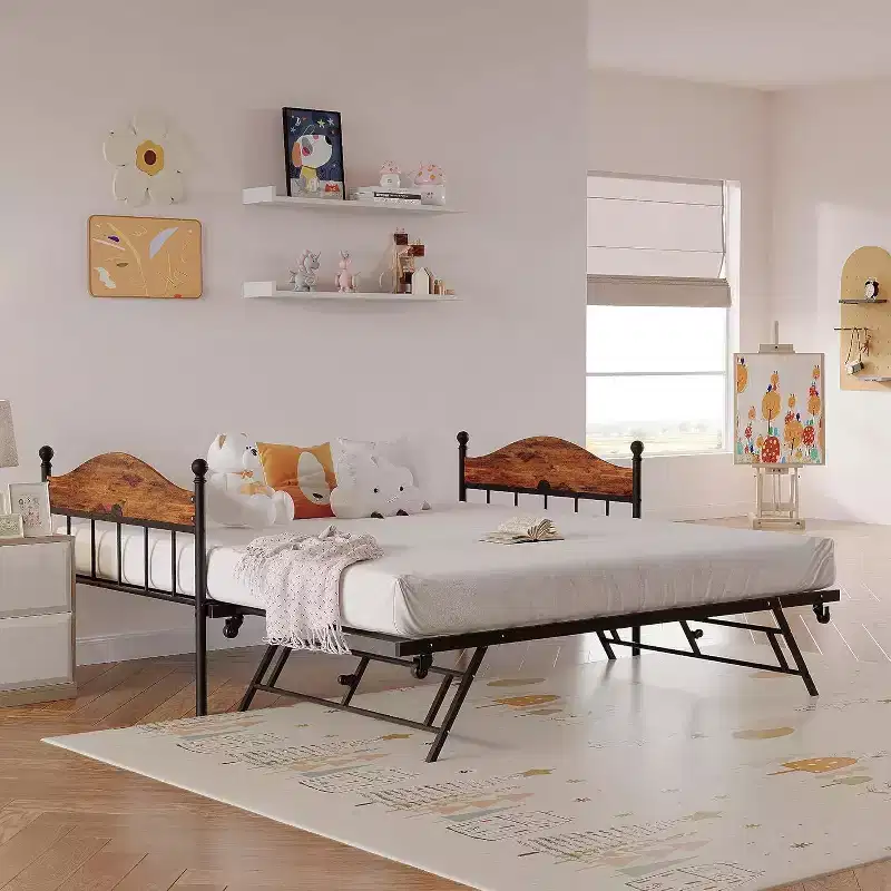 Daybed with Pop-Up Trundle, Metal Twin Bed Frame with Sofa-to-Bed Headboard, Reinforced Steel Slat Support, Rustic Brown