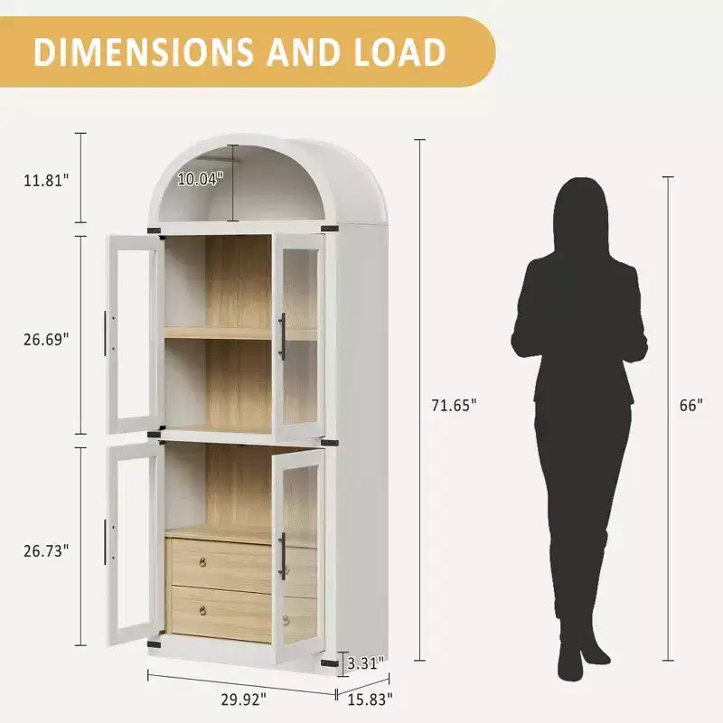 High arched bookcase, 71.7 inches, with 2 inner drawers, freestanding storage cabinet with anti-tip device, suitable for living room, bedroom