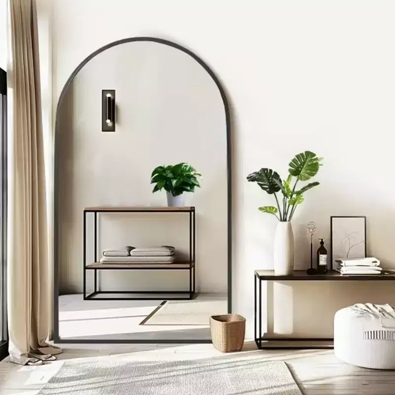 MAYEERTY Black 39.37 x 66.93 Inch Arch Shaped Thin Edged Aluminum Alloy Full Length Mirror with Stand for Living Room and Bedroom Wall Decor