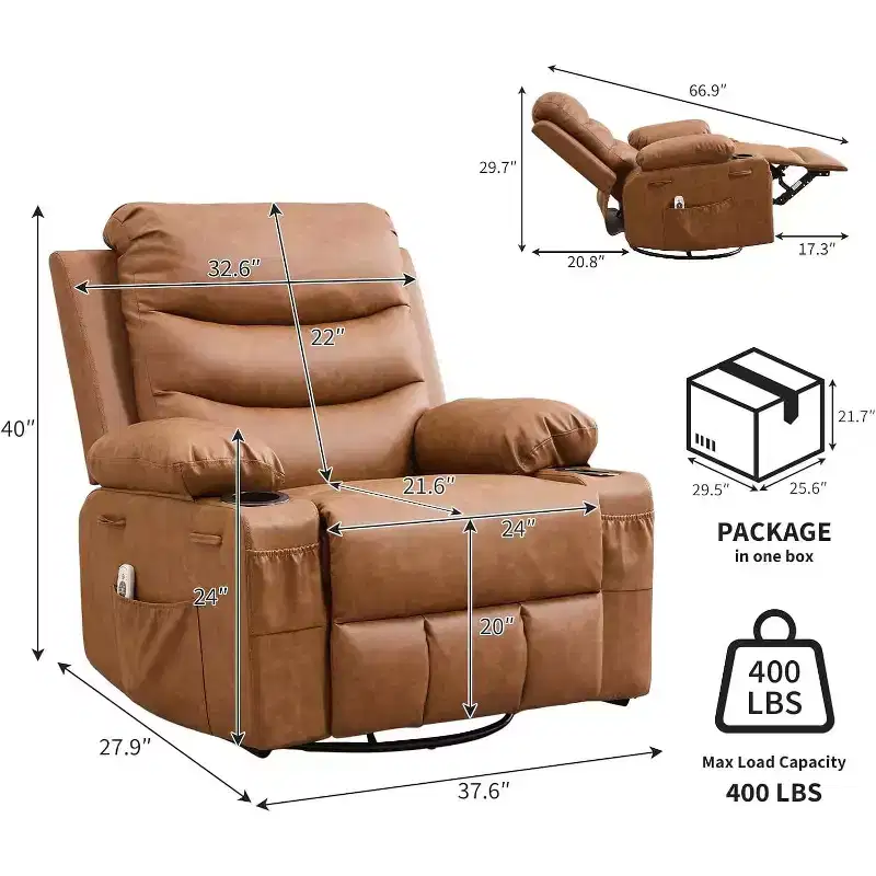 PU Leather Rocker Recliner Chair with Massage and Heat, Swivel Reclining Sofa with Cup Holder, Rocking Chair for Living Room, Bedroom, Brown