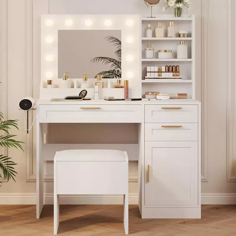 GustoWave Vanity Desk with Mirror and Lights, Makeup Vanity, Makeup Vanity Desk with Stool, 3 Color Adjustable Brightness,Power Outlets,Dressing Table