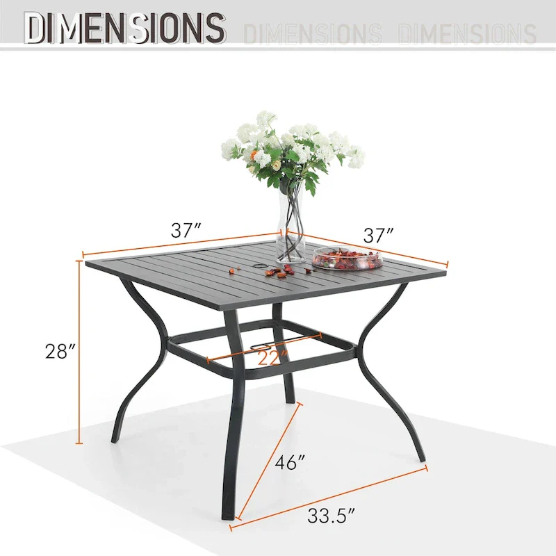 MAISON ARTS 6-Piece Metal Patio Dining Set: 4 Swivel Chairs, 1 Steel Frame Square 37 Table and 1x10ft 3-Tier Red Umbrella