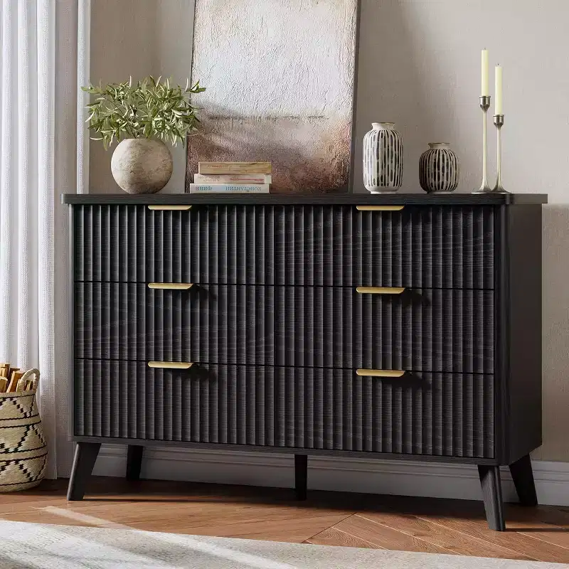 Fluted 6 Drawers Dresser, 47.2 Wide Dressers with Curved Profile Design,Wood Drawer Organizer, Modern Chest of Drawers for Bedroom, Living Room
