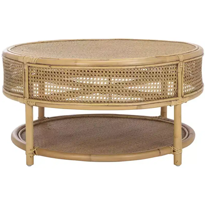 Round Coffee Table – Mango Wood Frame, Natural Rattan Top, Tropical Style, No Assembly