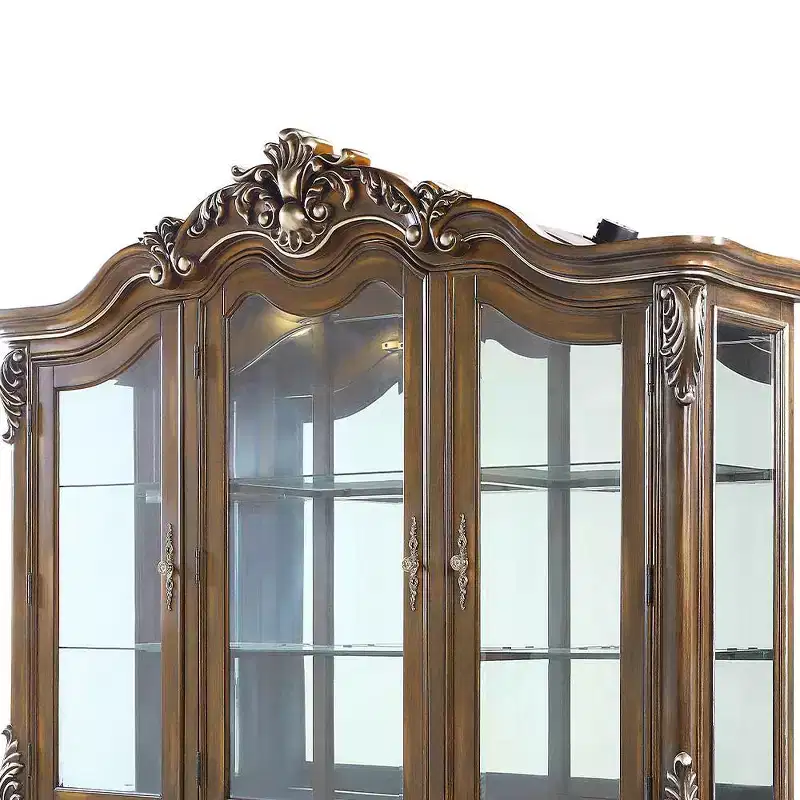 76" Decorative Storage Cabinet Antique Oak -: No Assembly, Tempered Glass, 5 Drawers