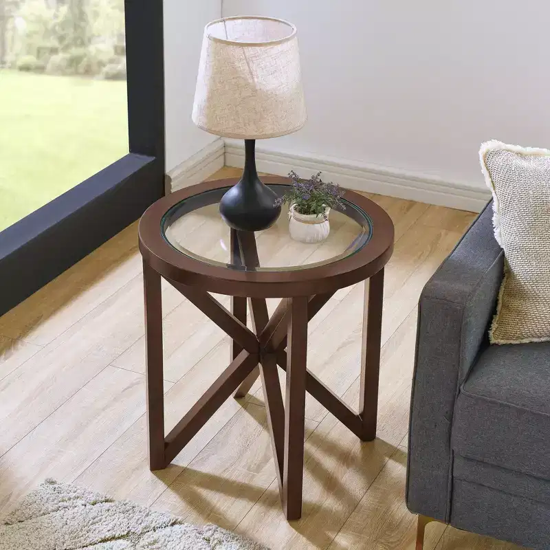 Okak Round Glass Coffee Table, Modern Simple Design, Solid Wood Base, Clear Tempered Glass Top, Living Room Terrace Study Table