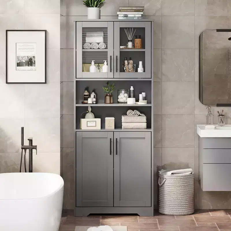 67 in. Tall Storage Cabinet with Glass Doors and Adjustable Shelves for Kitchen and Living Room