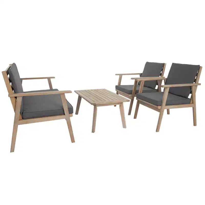 4-Piece Acacia Wood Patio Conversation Set with Grey Cushions
