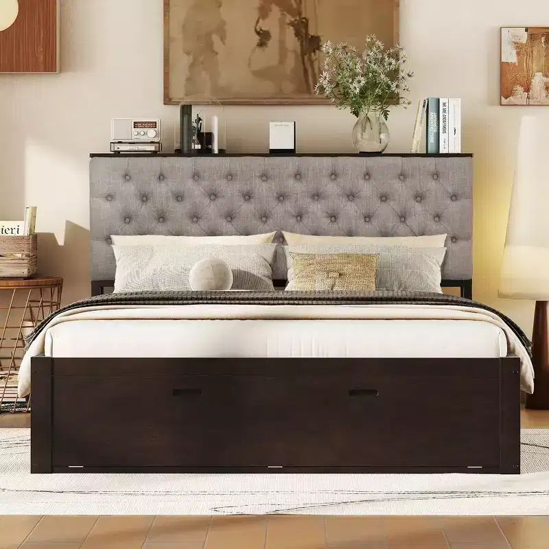Whisen Wood Queen Size Platform Bed with Storage Headboard, Shoe Rack and 4 Drawers