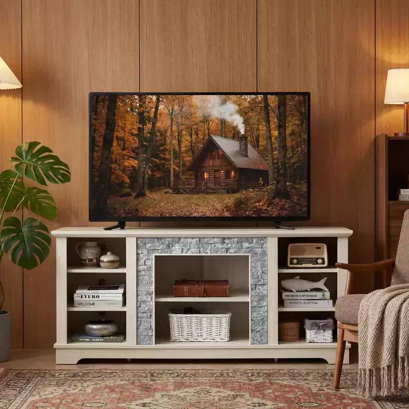 58 Inch TV Stand, Faux Stacked Stone Surround, Open Storage, TVs up to 65
